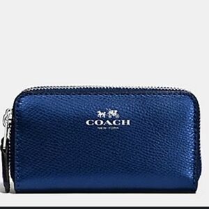 Coach Metallic Blue Double Zip Coin Pouch, 2016, Like New